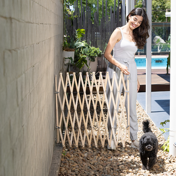 Extra Wide Timber Expanding Pet Barrier | 2.3m W x 0.75m H - Timber - Hakuna Pets